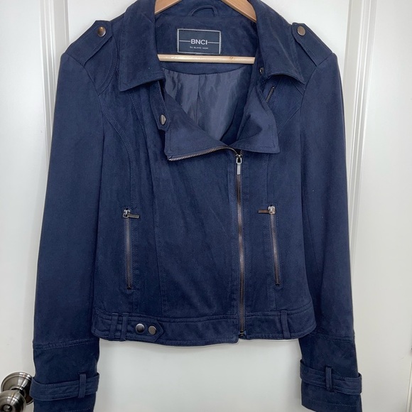 Blank Noir Faux Suede Navy Moto Jacket S - Picture 4 of 17